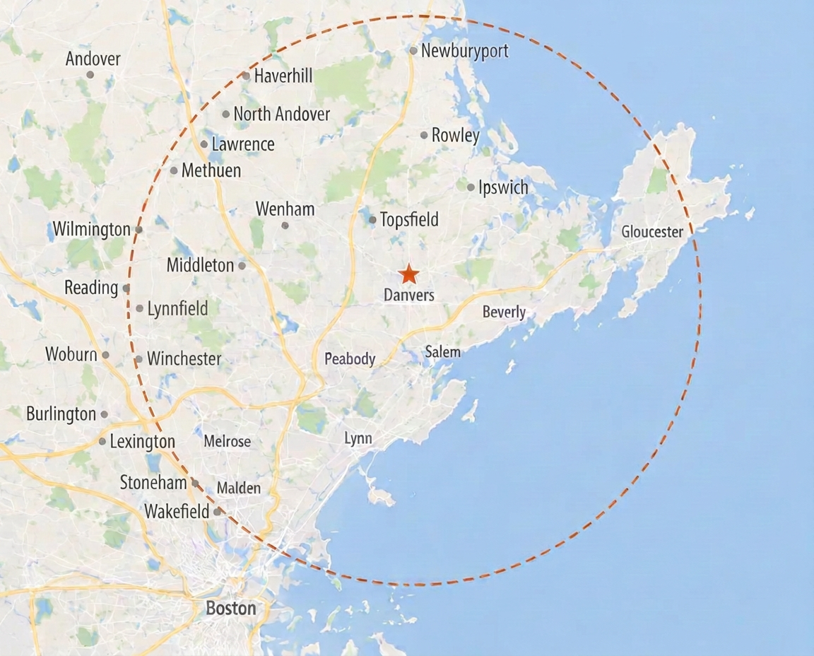 Map of the North Shore with a dashed 25-mile free delivery radius around Danvers, Massachusetts