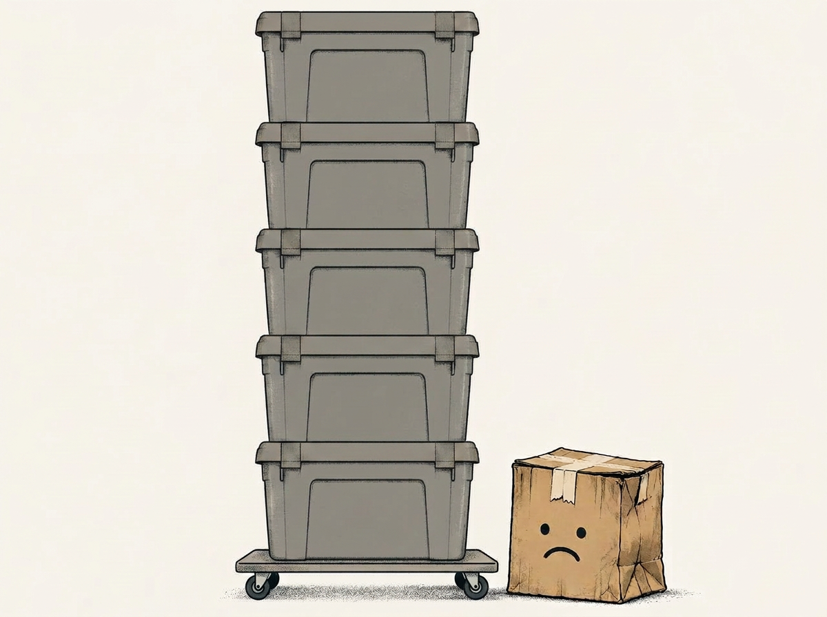 A stack of teal reusable moving totes on a dolly next to a sad, broken cardboard box